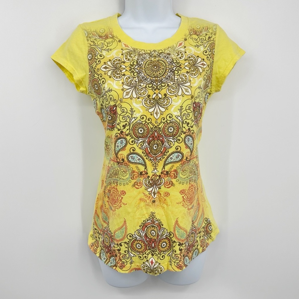 Vintage Y2K Yellow Short Sleeve Shirt Size Juniors Medium Early 2000s Glitter
